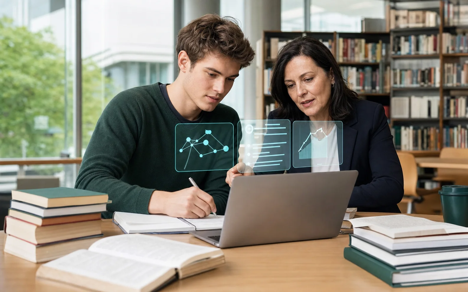Student i nauczyciel pracujący wspólnie nad zadaniem przy laptopie w bibliotece