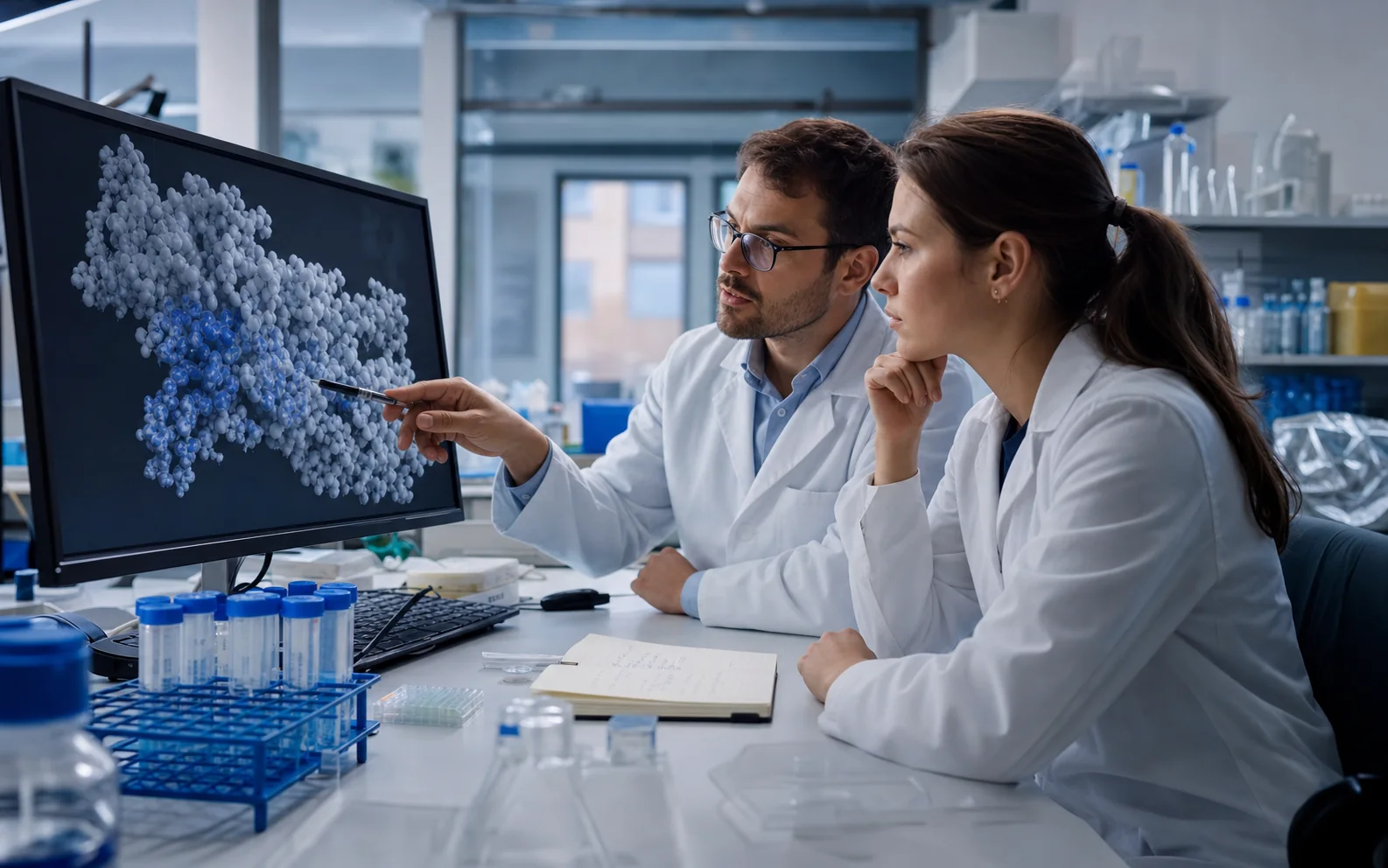 Dwoje naukowców analizujących strukturę białka na monitorze w laboratorium