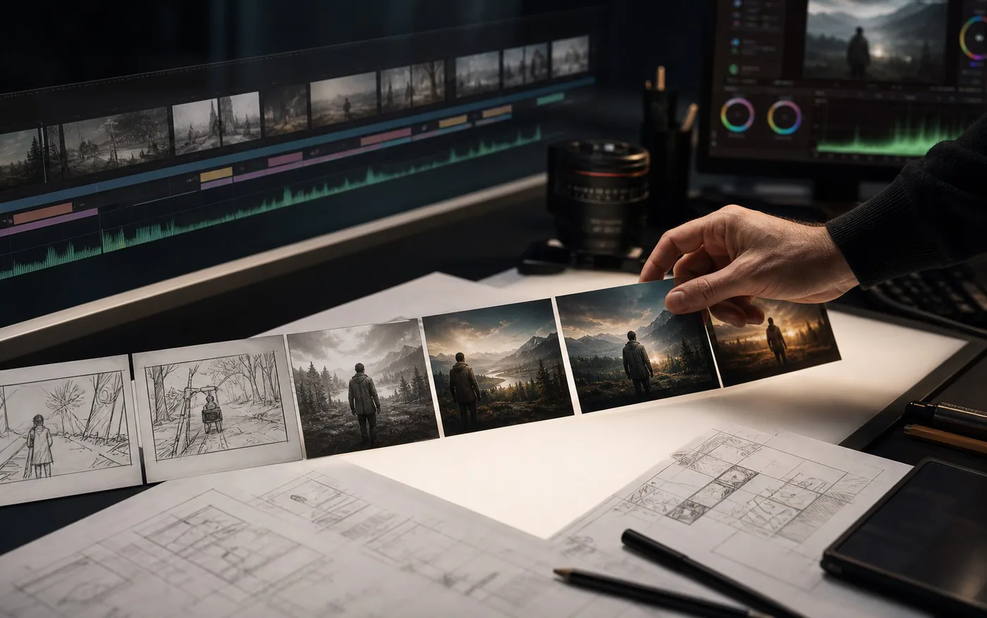 storyboard, monitor montażowy i klatki filmu generowanego przez AI