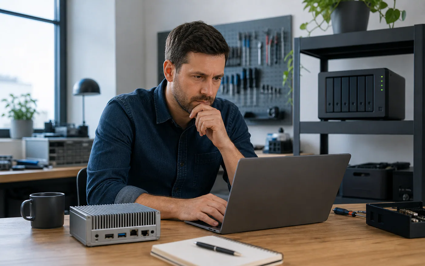 inżynier pracuje przy laptopie i kompaktowym urządzeniu do lokalnego uruchamiania AI